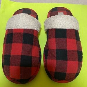 Old Navy Red and Black Buffalo Plaid Sherpa Slippers